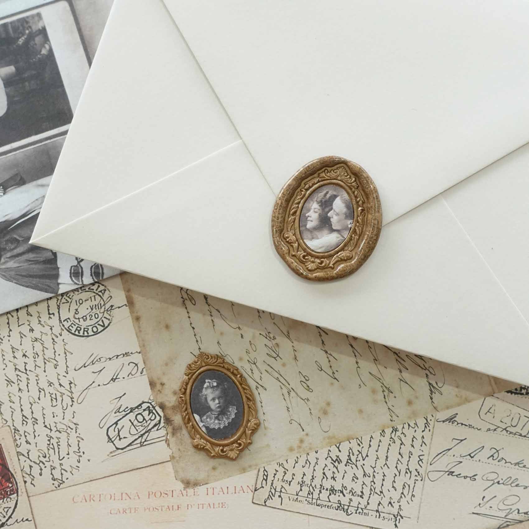 vintage picture frame wax seal on envelope