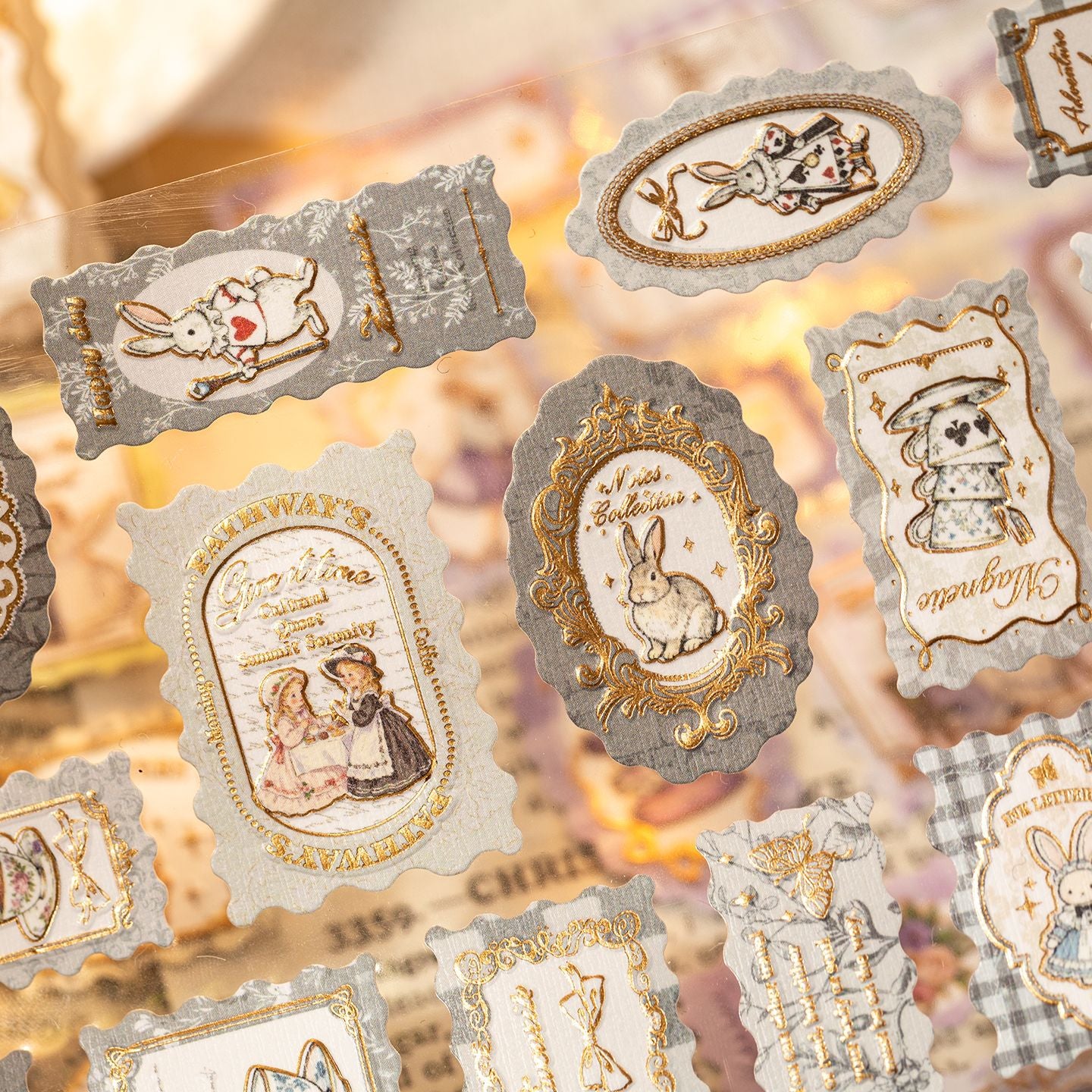 Wonderland Rabbit Tea Party Stamp Style Embossed Stickers Sheet