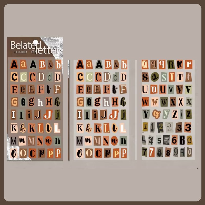 Brown A to Z Alphabet 'Belated Retro' Letters Magazine Cutout 2-Sheet Sticker Sheet
