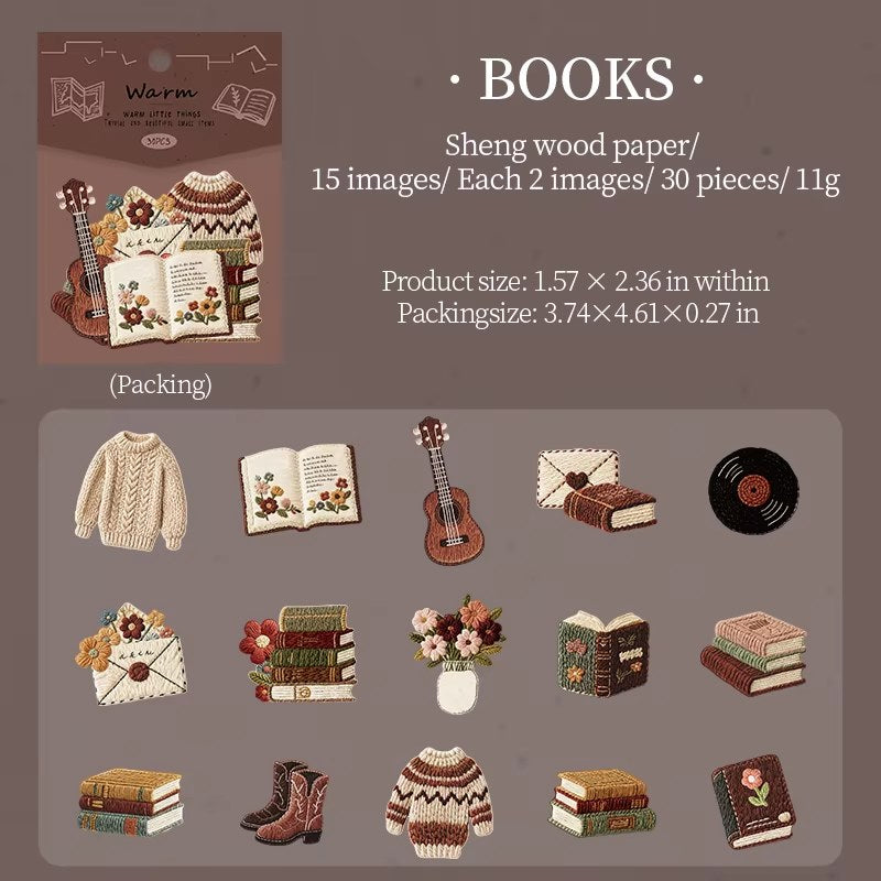 Books 'Warm Little Things' Embroidery Style Paper Flake Stickers