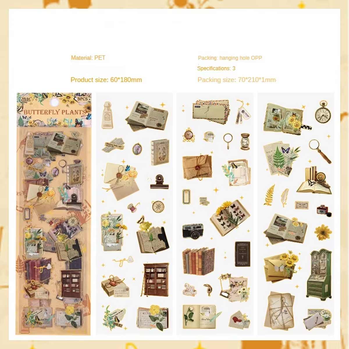 Butterfly Plants Books Letters Nostalgic 3-Sheet Stickers Sheet