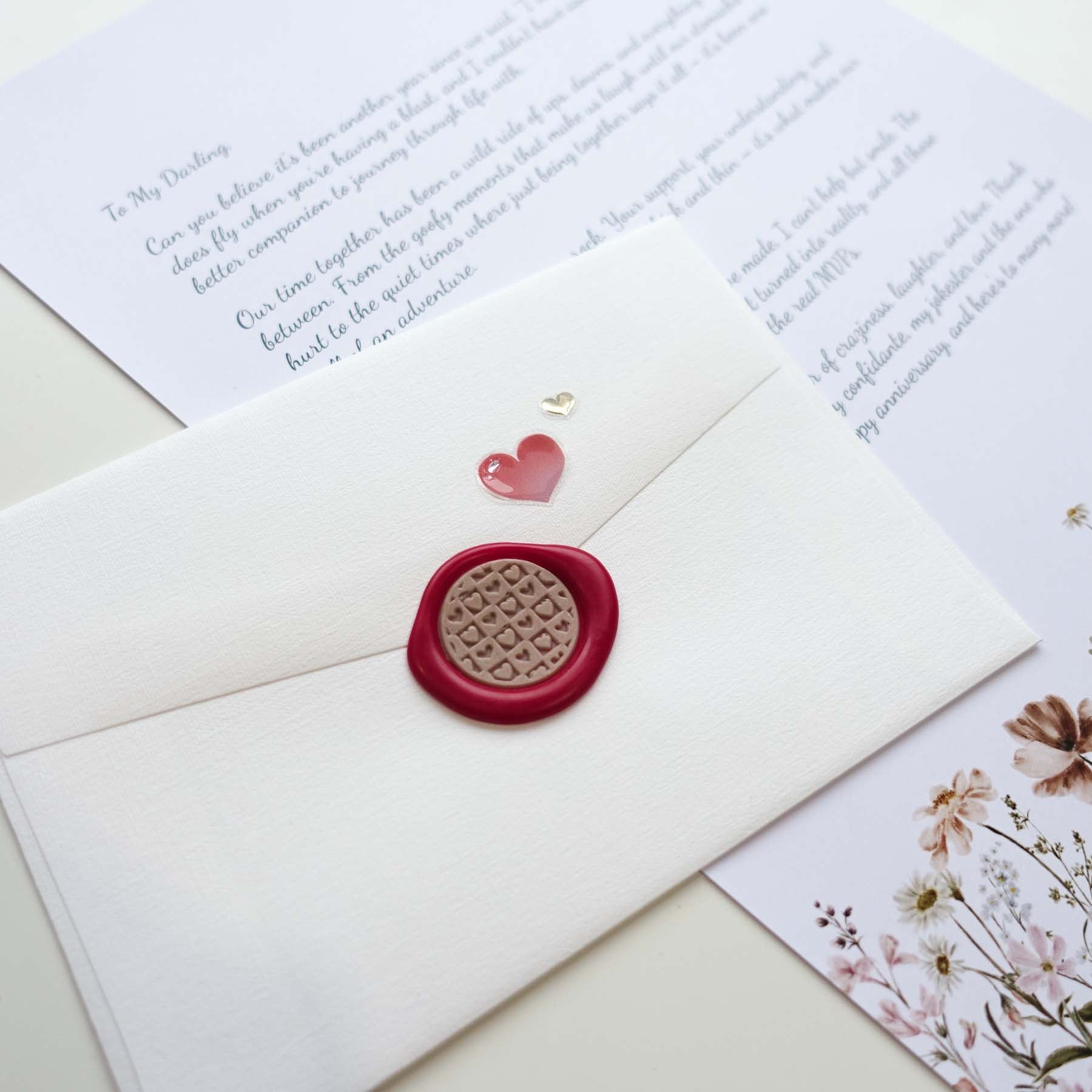 chequered hearts patchwork pattern wax seal letter envelope fiona ariva
