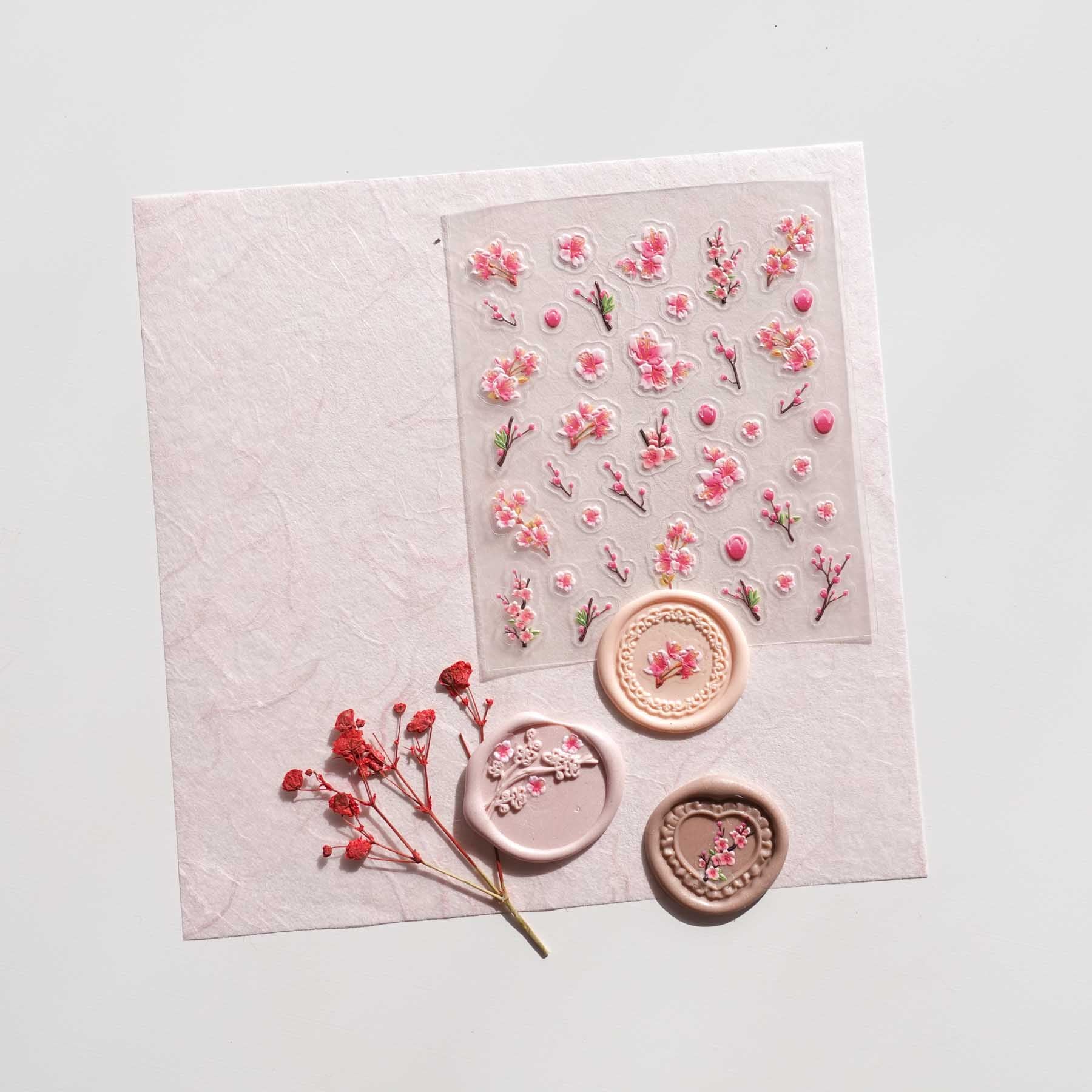 Cherry Plum Blossom Pink 3D Clear-backed Decorative Stickers Sheet