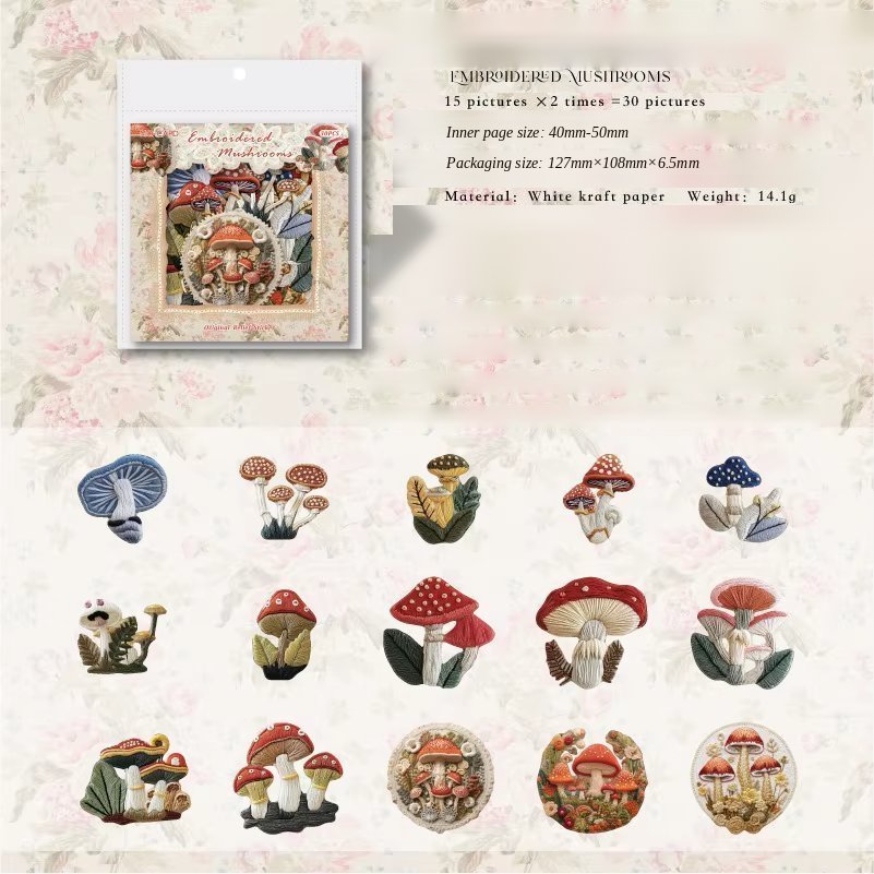 Embroidered Mushrooms Paper Flake Stickers