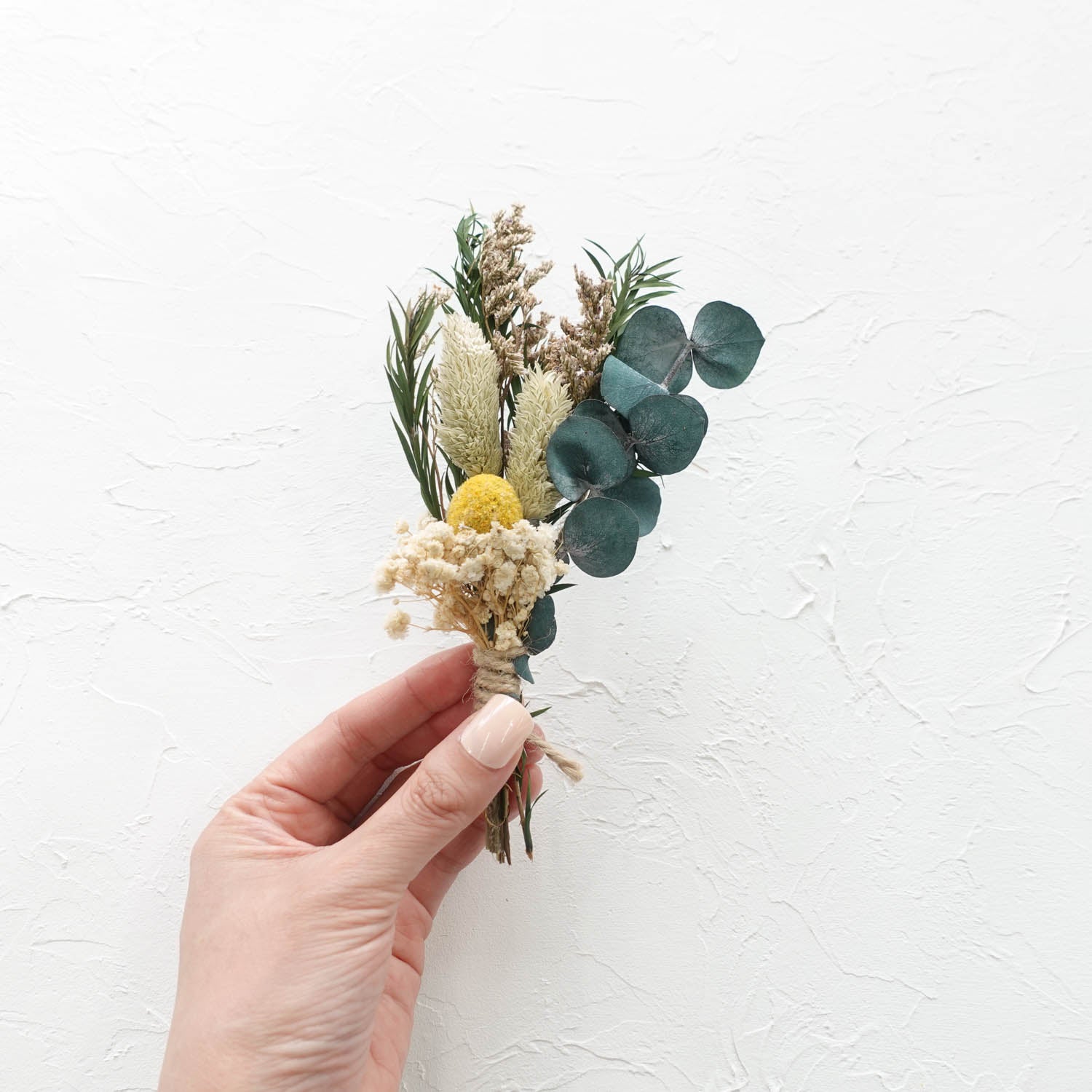 eucalyptus leaves billy buttons green yellow mini dried flower bouquet wedding boutonniere buttonhole preserved flowers australia fiona ariva