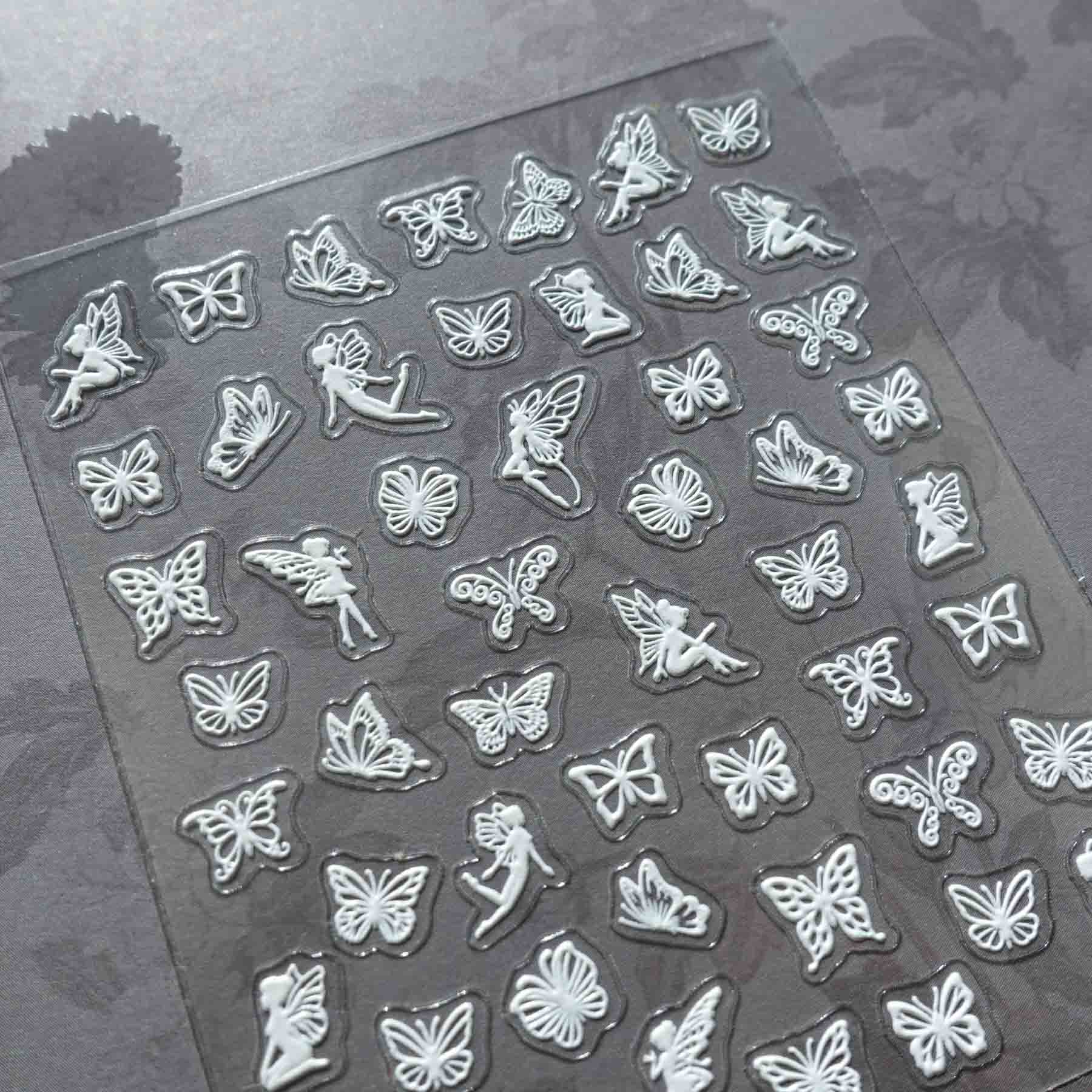 Fairy Butterfly Outlines White 3D Clear-backed Decorative Stickers Sheet