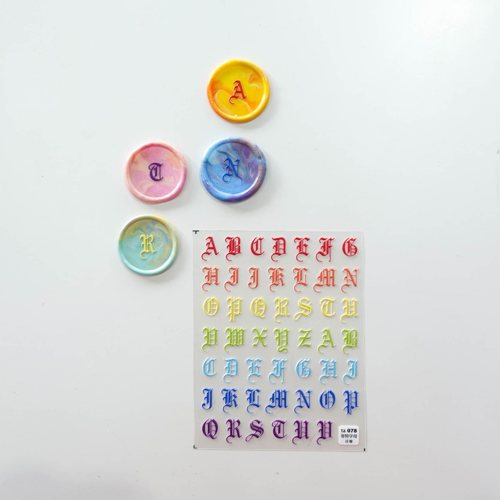 Rainbow 3D Alphabet Letters Gothic Script Clear-Backed Decorative Stickers Sheet