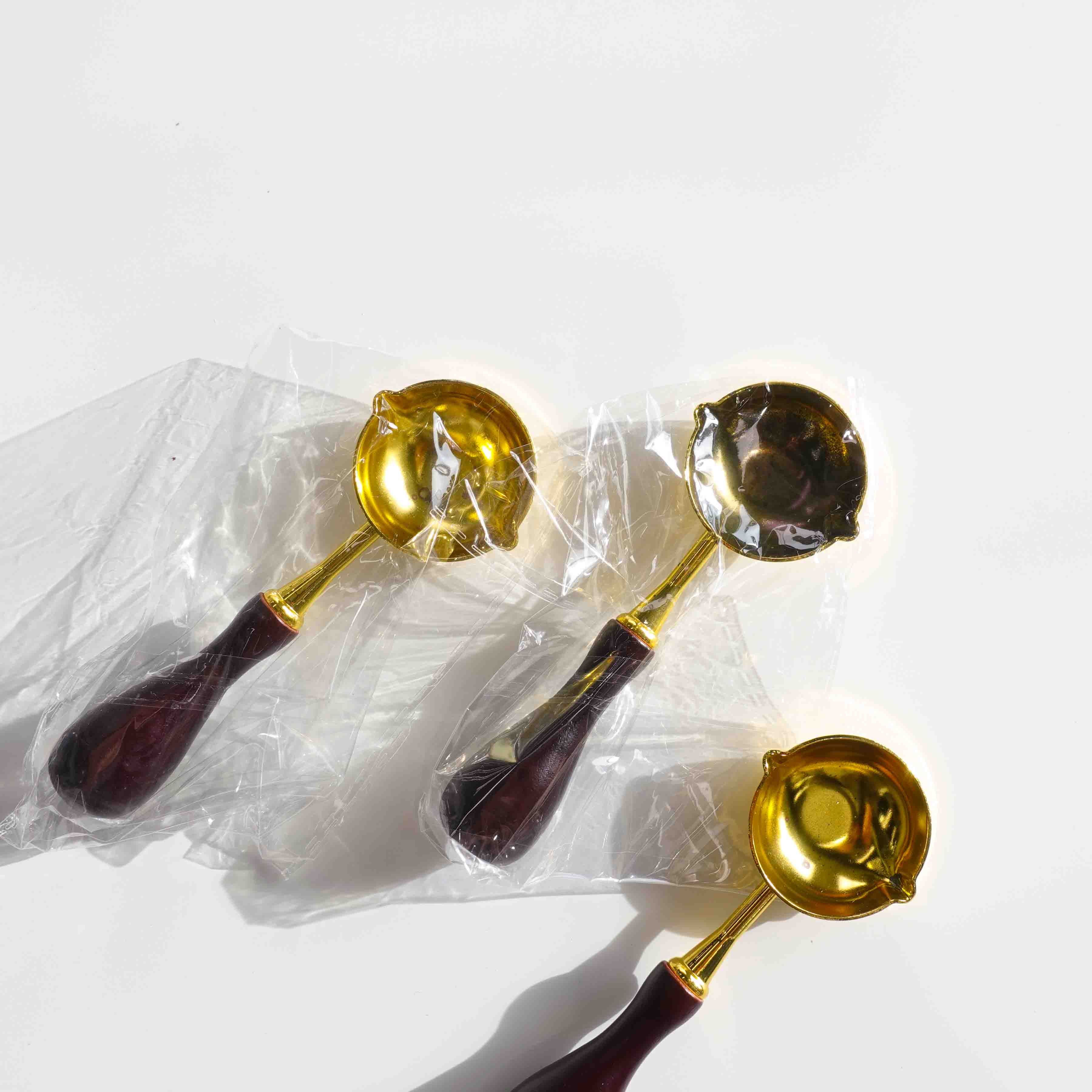 Double Spout Gold Wide Shallow Wood handle wax melt spoon [SECONDS]