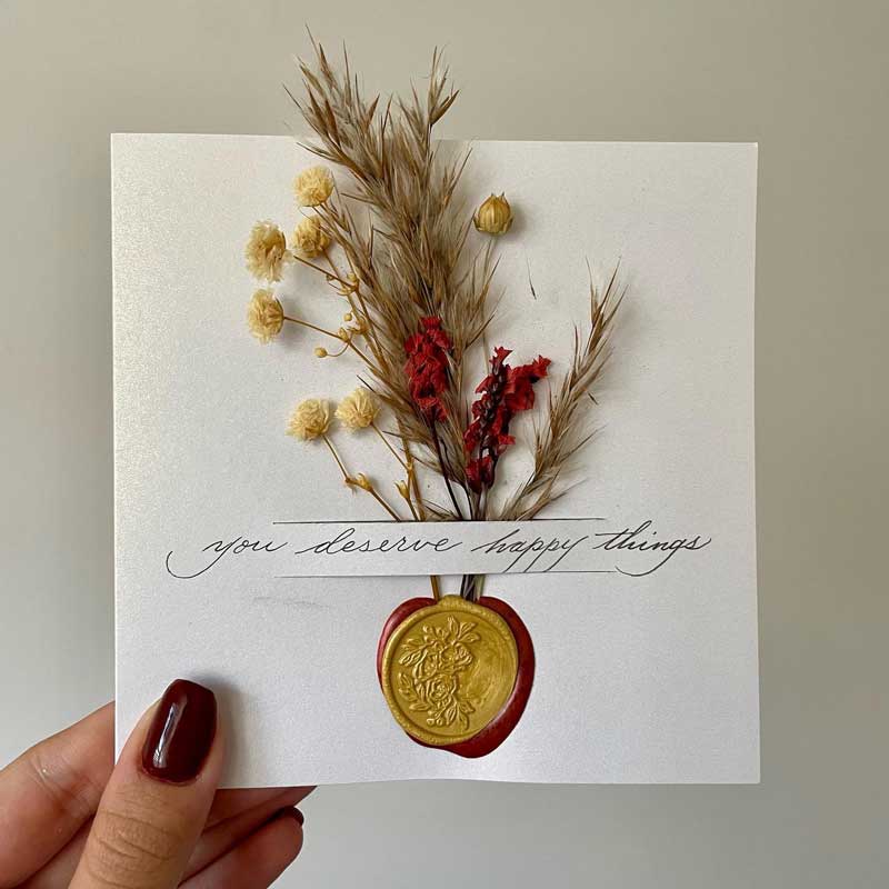 Wax seal handmade card idea with dried flowers