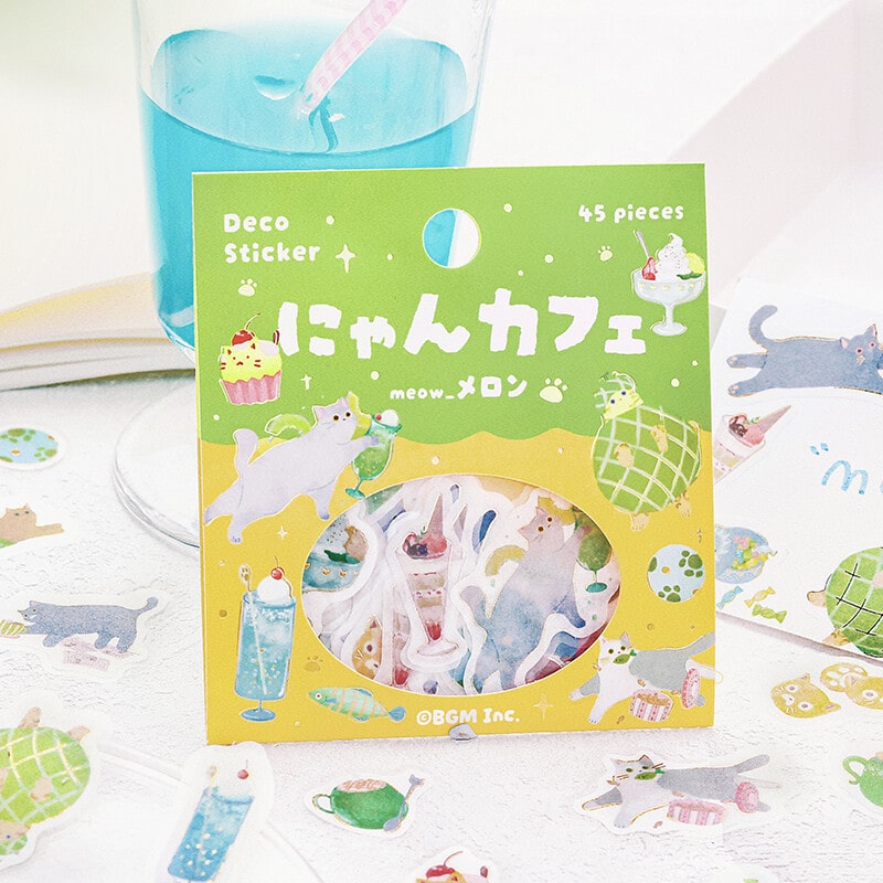 Green Melon Kitten Cafe | Planner Flake Stickers | BGM