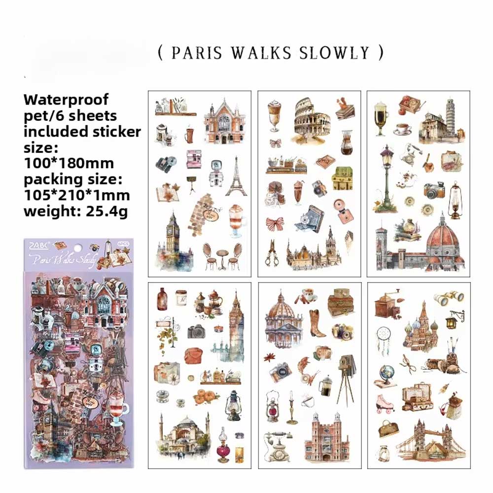 Paris Walks Slowly 6-Sheet Travel Theme Stickers Sheet