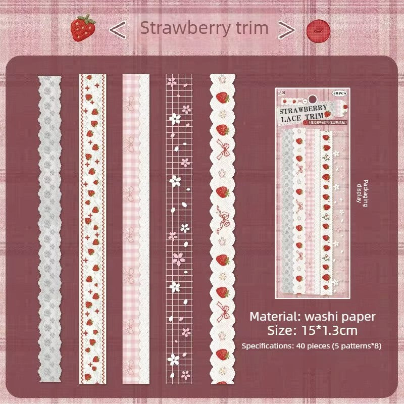 Pink Strawberry Lace Trim Washi Paper Strip Stickers