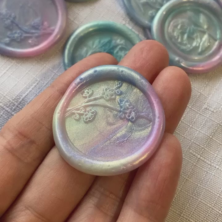 holographic wax seal beads with cherry blossom stamp
