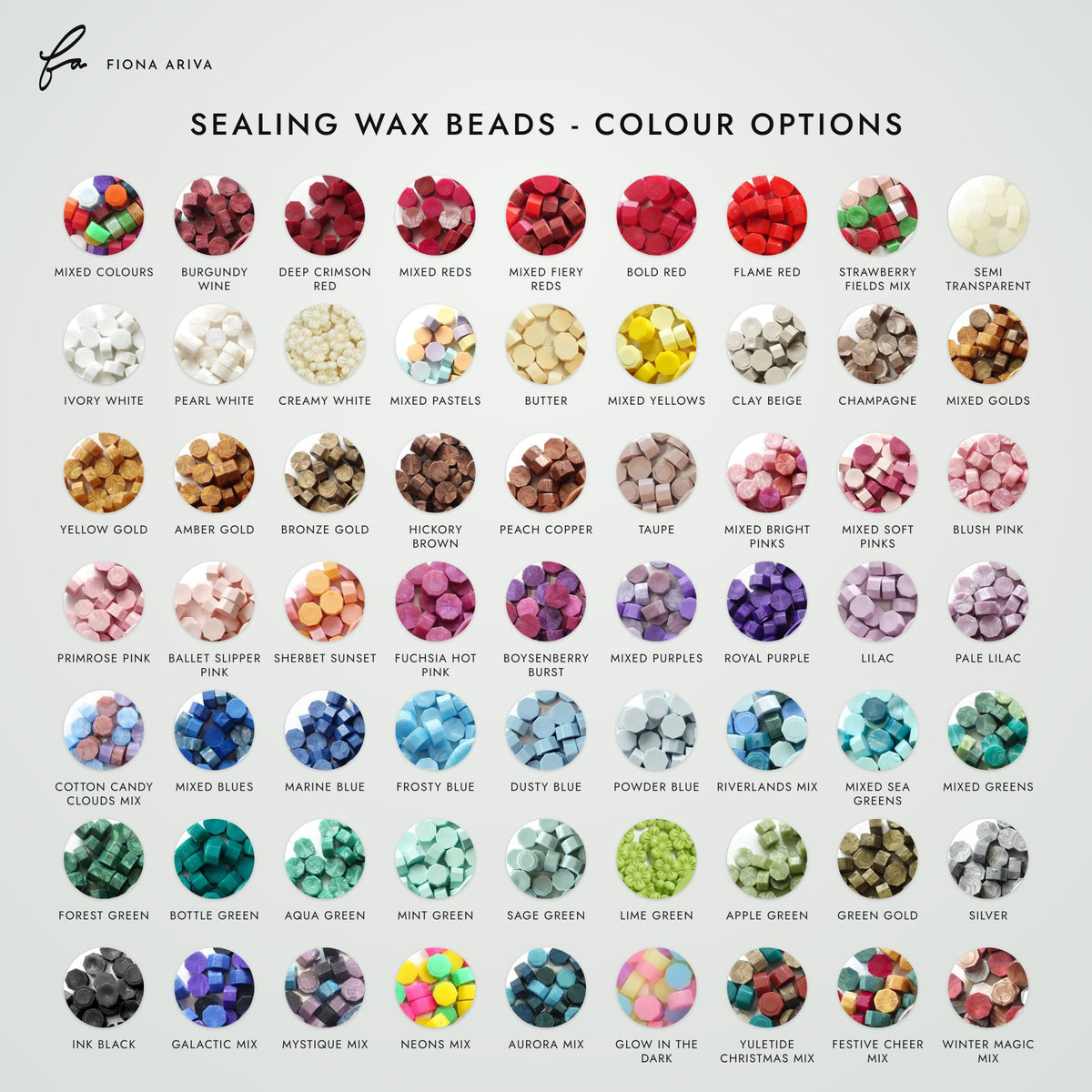 Sealing wax bead colour options for the Wax Seal Makers DIY Bundle Box - 63 colours including Mixed Colours, Pearl White, Ivory White, Champagne, Gold, Red, Pink, Purple, Blue, Green and Black wax beads - Fiona Ariva Australia