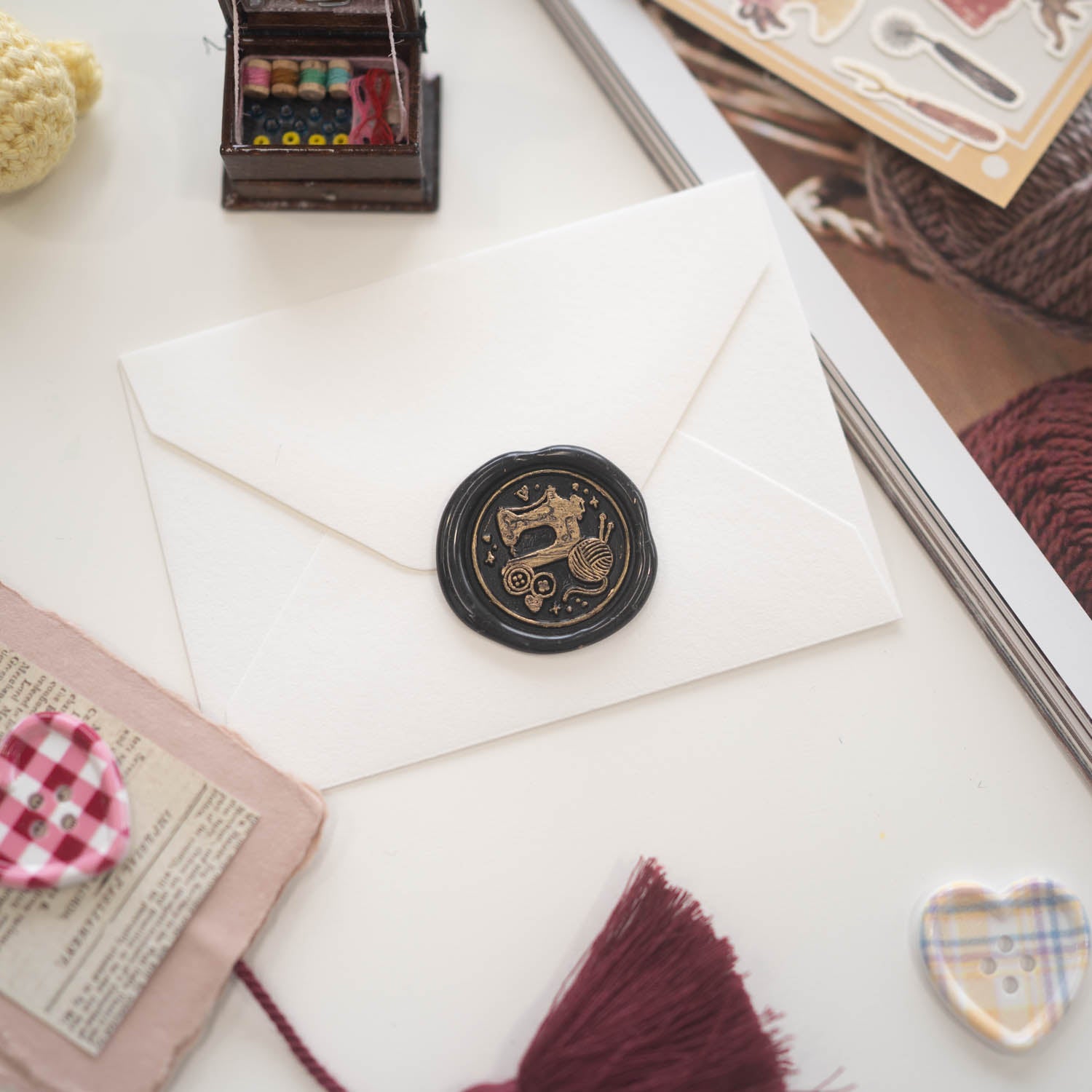 Sewing and yarn themed wax seal stamp with vintage sewing machine and buttons