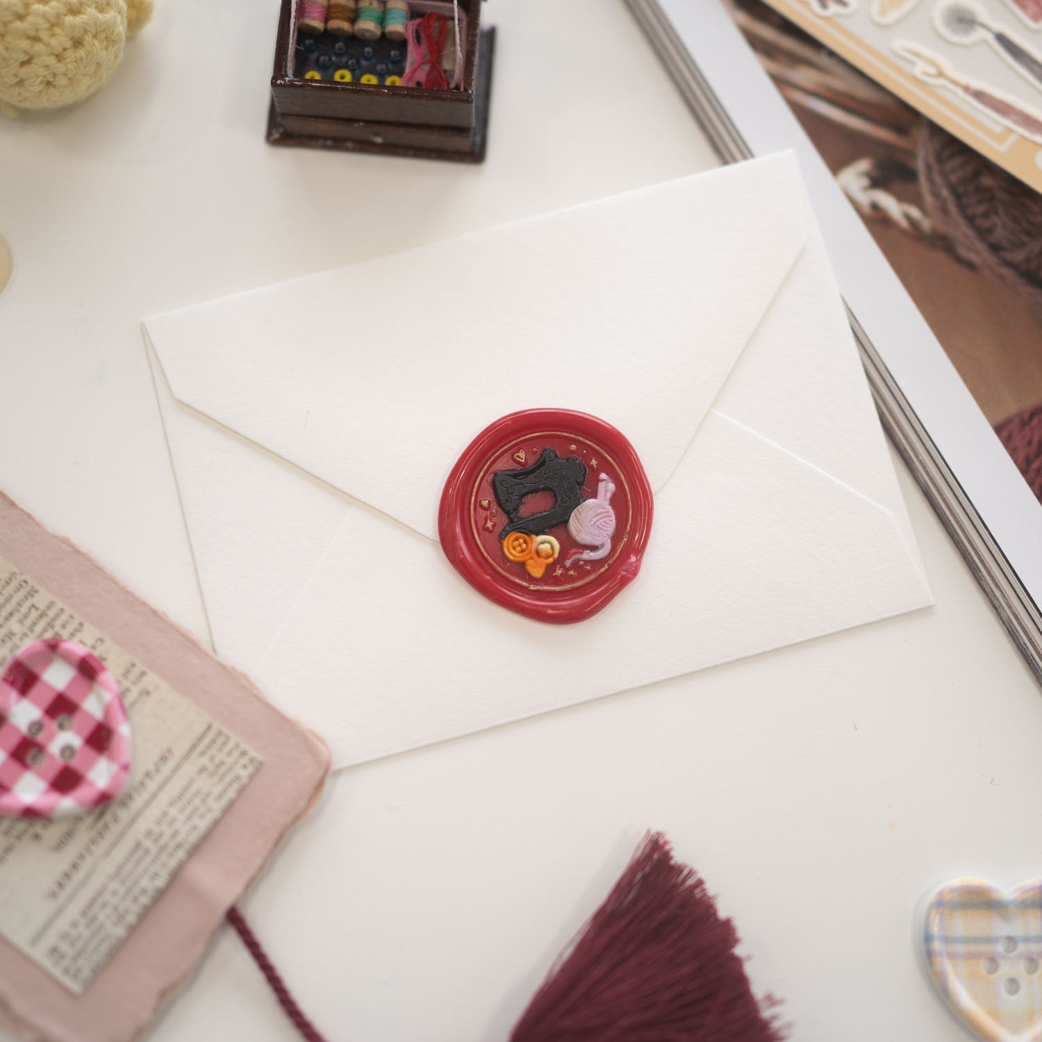 Sewing and yarn themed wax seal stamp with vintage sewing machine and buttons