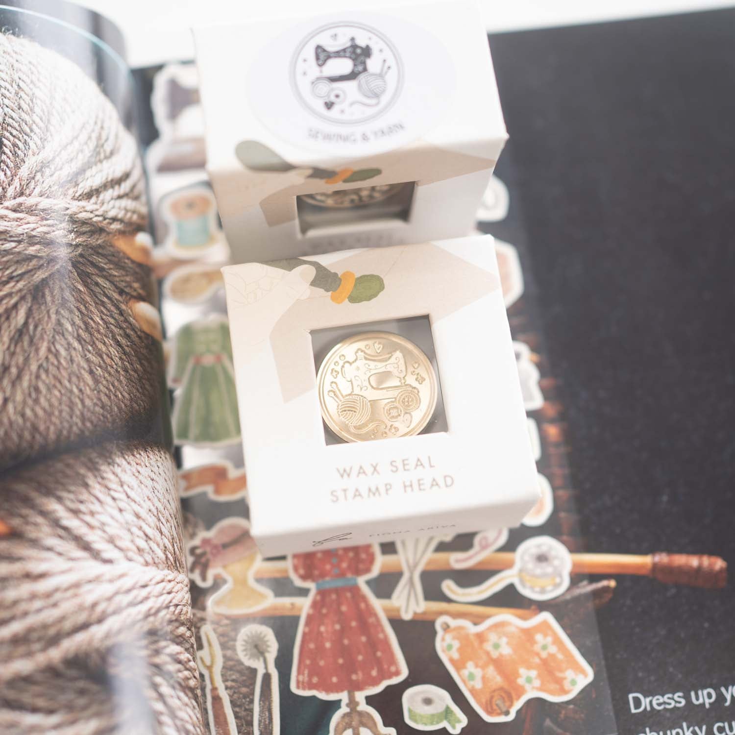 Sewing and yarn themed wax seal stamp with vintage sewing machine and buttons