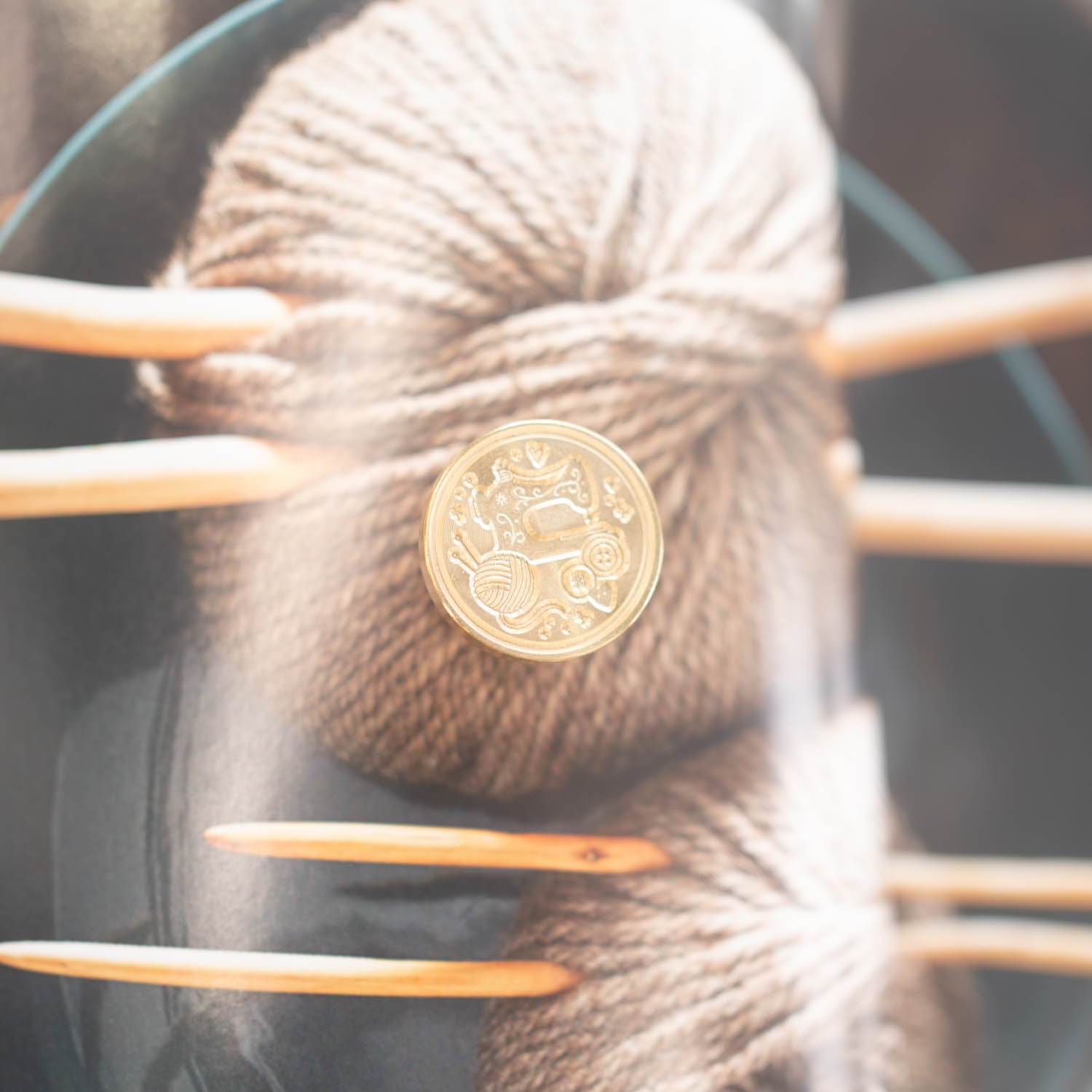 Sewing and yarn themed wax seal stamp with vintage sewing machine and buttons