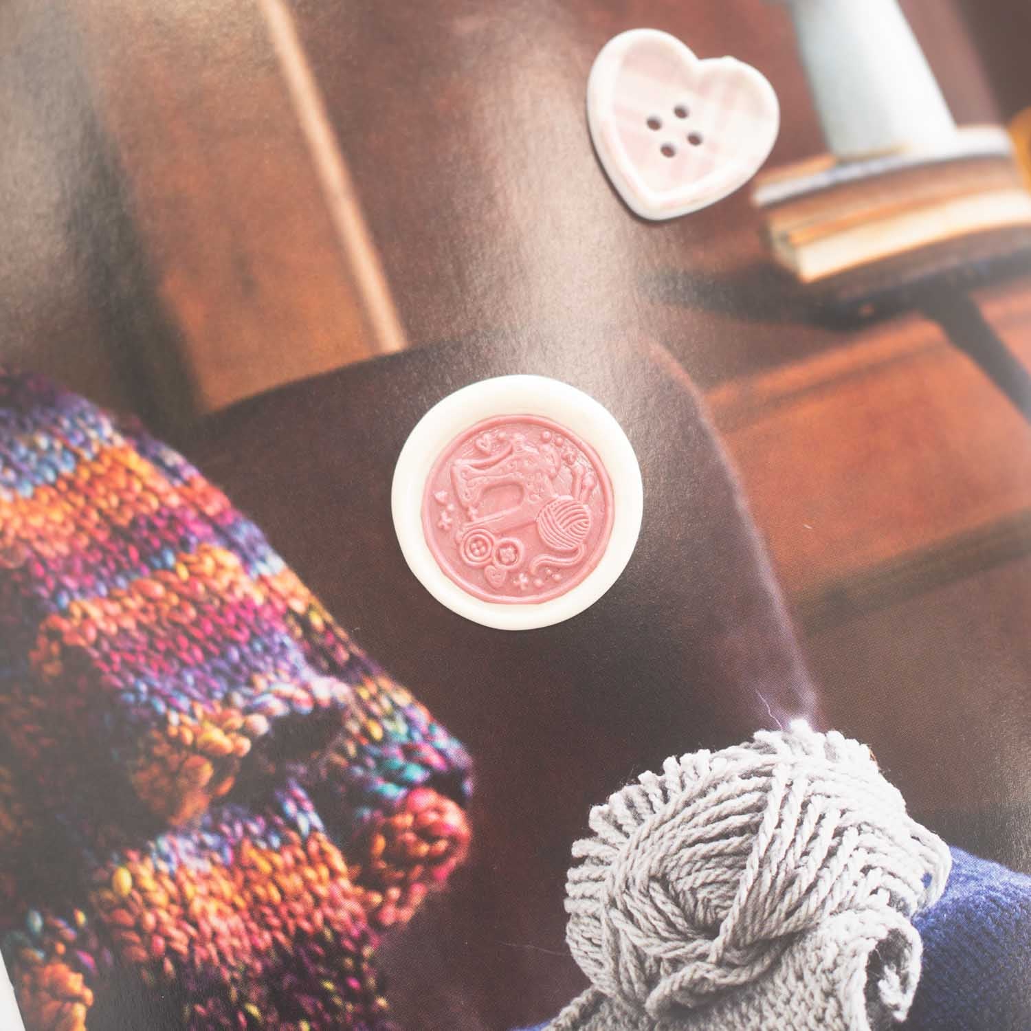 Sewing and yarn themed wax seal stamp with vintage sewing machine and buttons