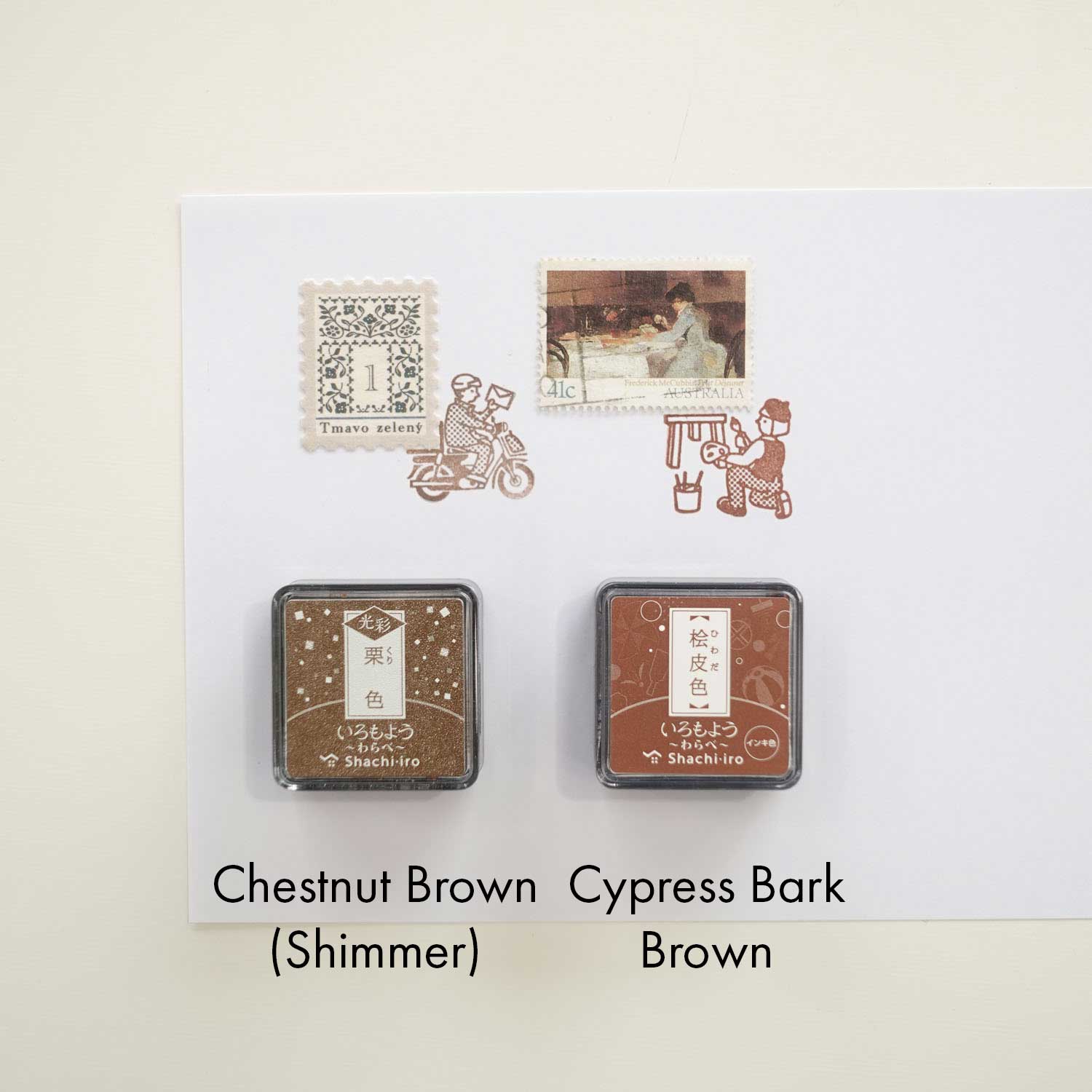 Shachihata 'Iromoyo Kosai Glow Warabe' Series Mini Stamp Ink Pad - Chestnut Brown vs cypress bark brown