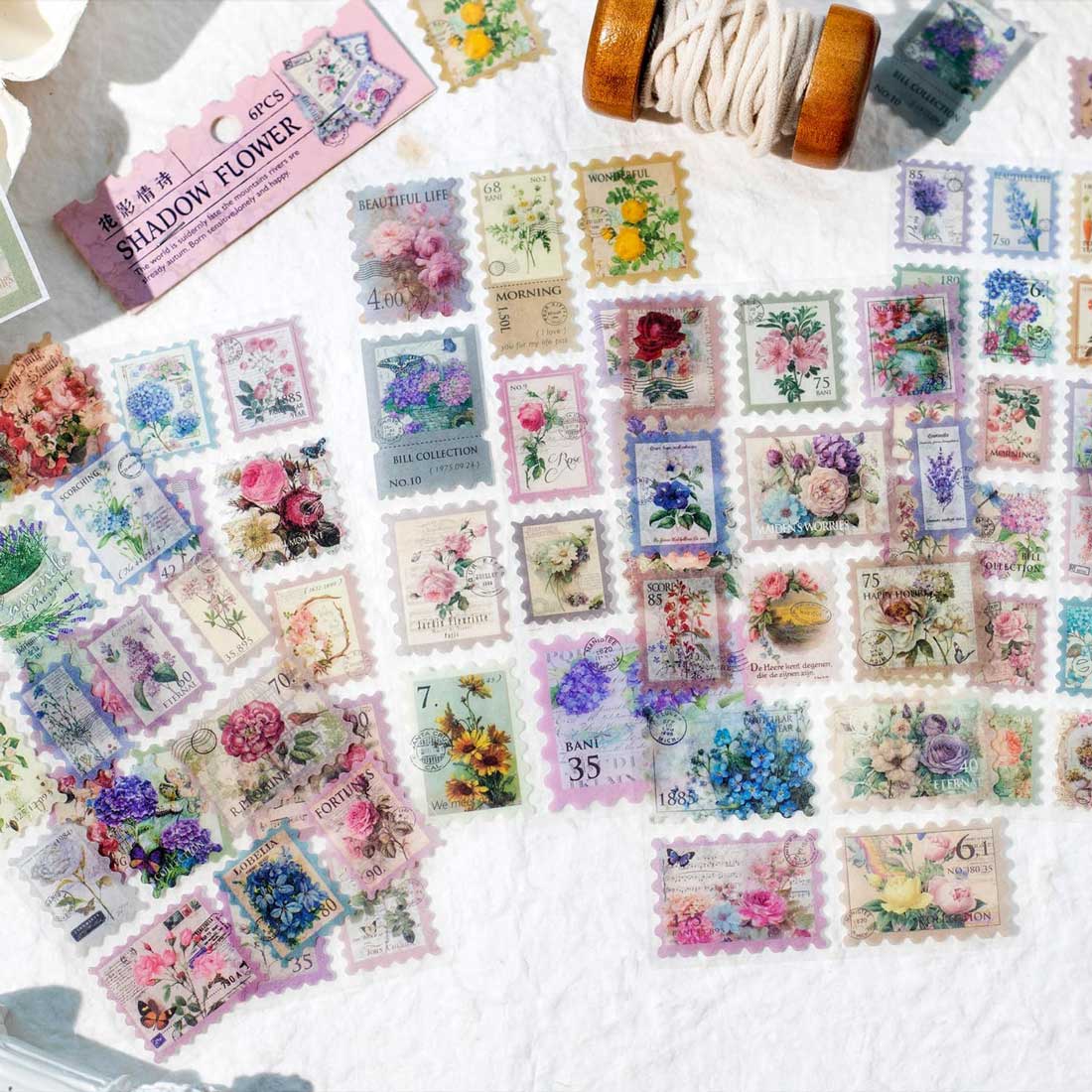 Shadow Flower 6-Sheet 'Washi Paper Postage Stamp' Stickers Sheet