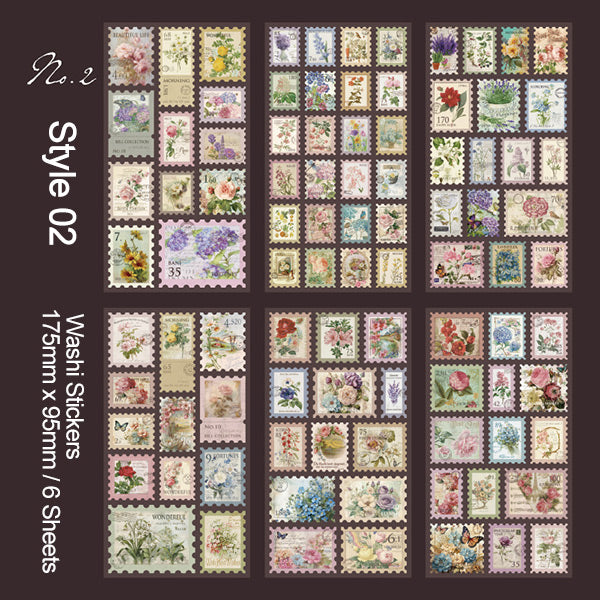 Shadow Flower 6-Sheet 'Washi Paper Postage Stamp' Stickers Sheet