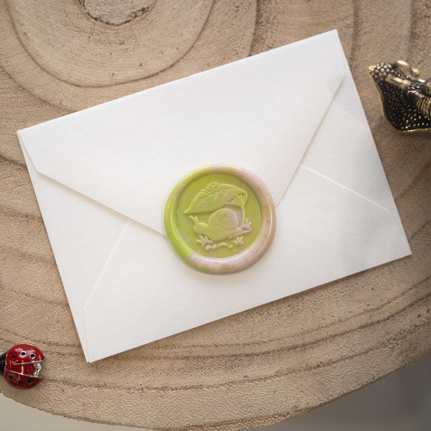Whimsical snail and ladybug wax seal on handwritten envelope pen pal letter Australia