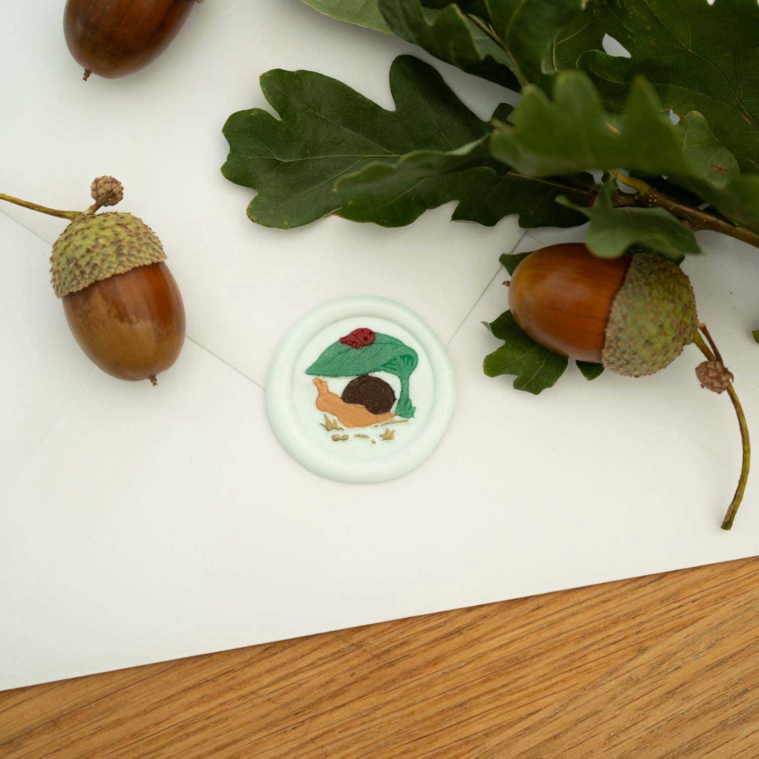 Whimsical snail and ladybug wax seal on handwritten envelope pen pal letter Australia