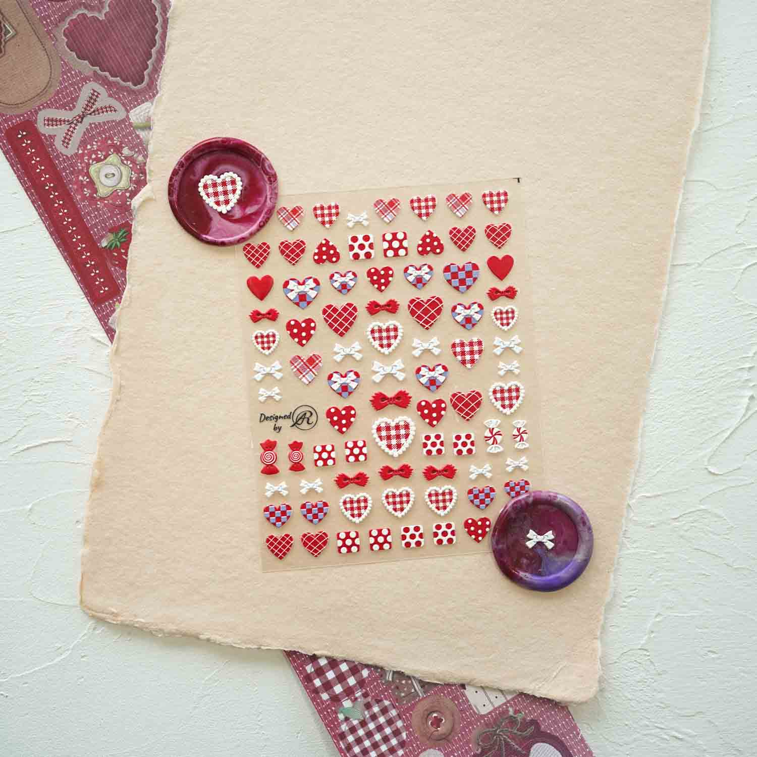 Patchwork Red Hearts 3D Clear-backed Decorative Stickers Sheet