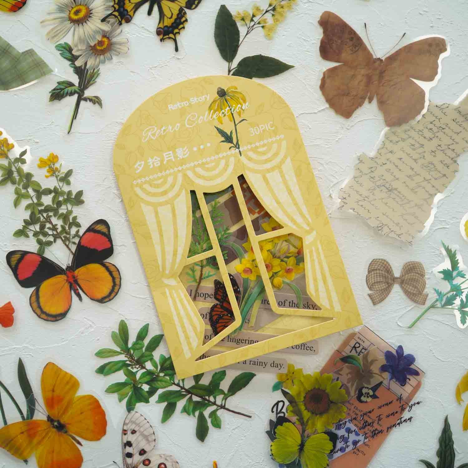Butterfly Summer Flowers Yellow 'Retro Collection' Flake Stickers