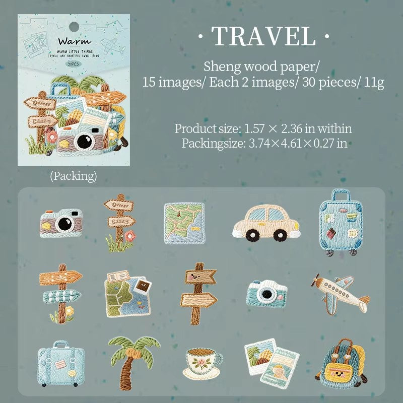 Travel 'Warm Little Things' Embroidery Style Paper Flake Stickers