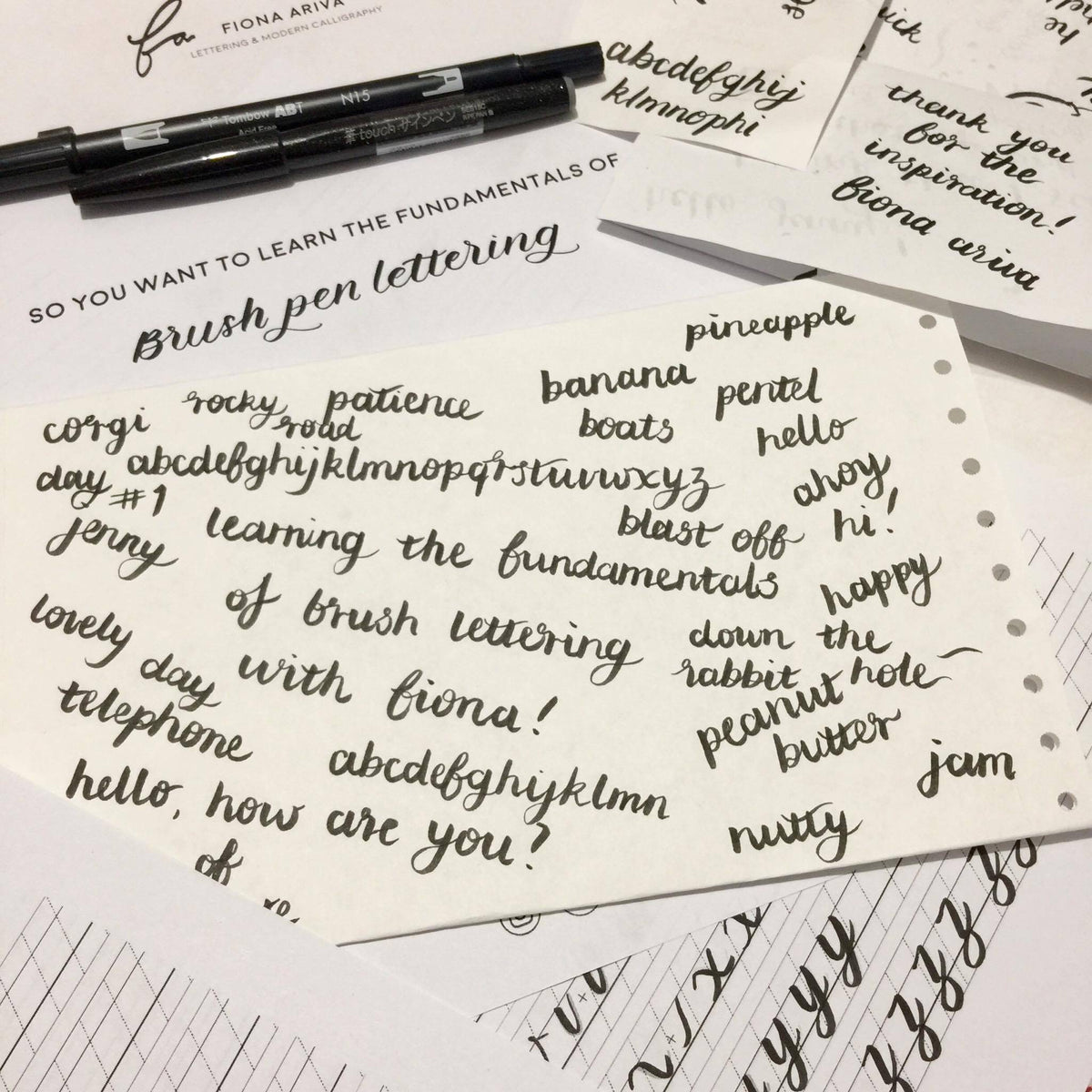 Student brush pen lettering practice from the Fiona Ariva beginner's workbook