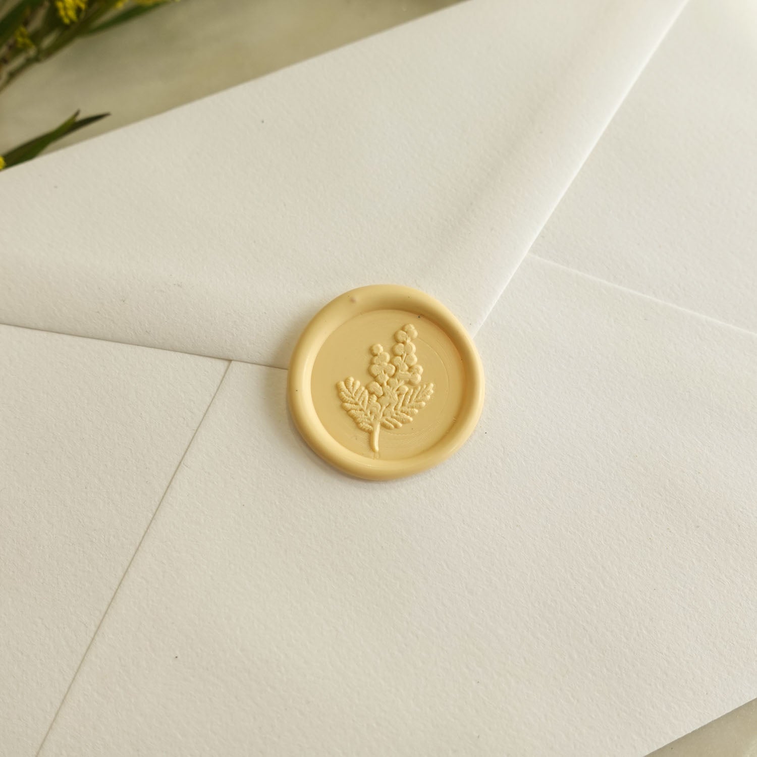 wattle flower australia fiona ariva wax seal on white envelope