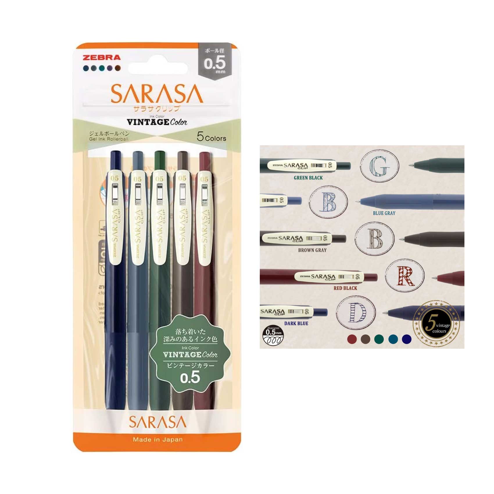 Zebra Sarasa Clip 0.5mm Gel Pens 5-pack | Vintage Colours No. 1