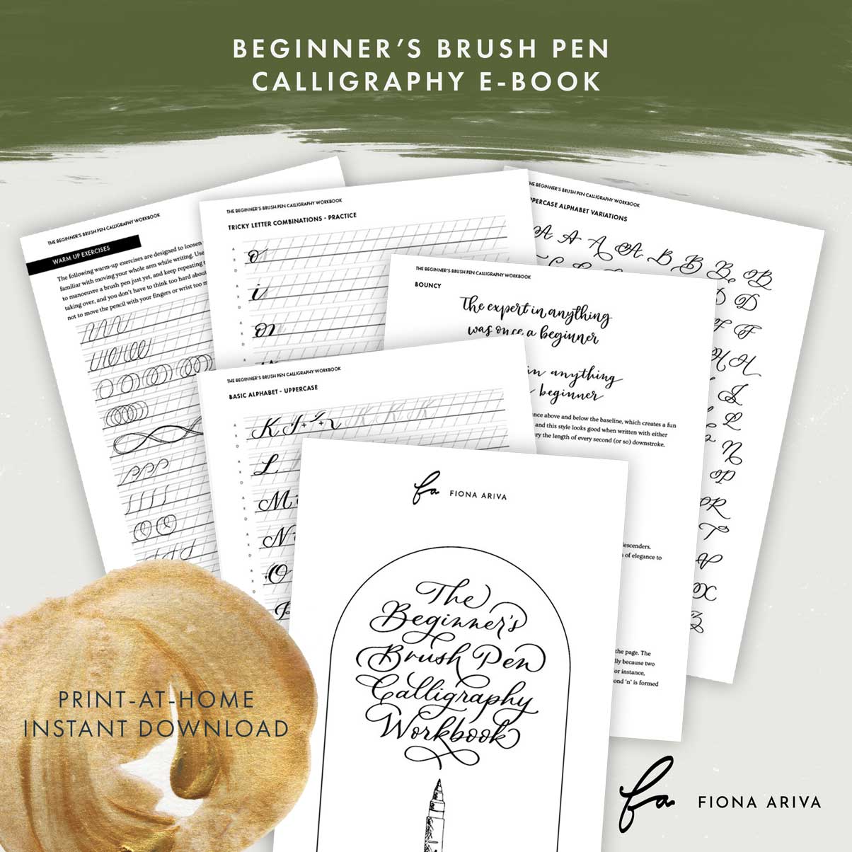 Download Print at Home Beginner's brush pen learn lettering calligraphy workbook practice sheets by Fiona Ariva