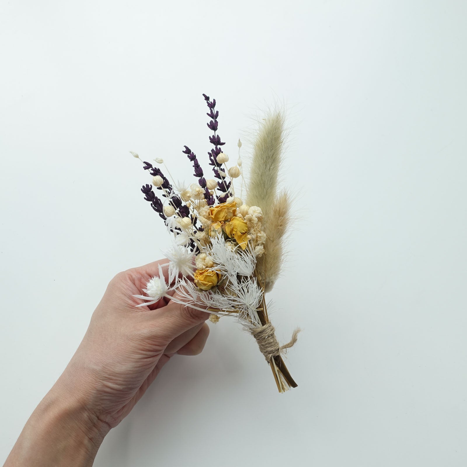 rustic natural vintage small mini dried flower arrangement boutonniere wedding wax seal fiona ariva australia baby's breath lavender