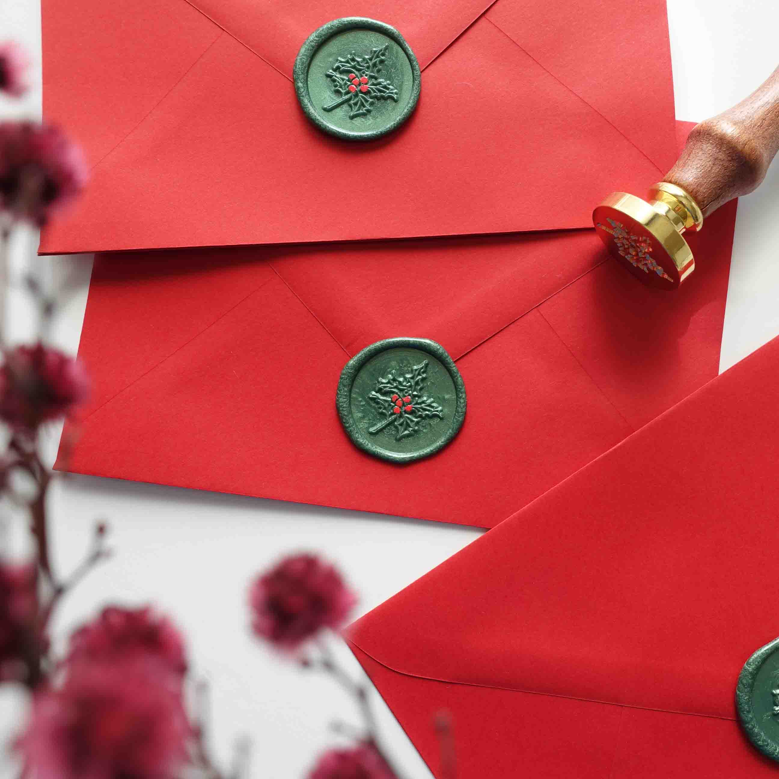 Christmas holly green red wax seals envelope