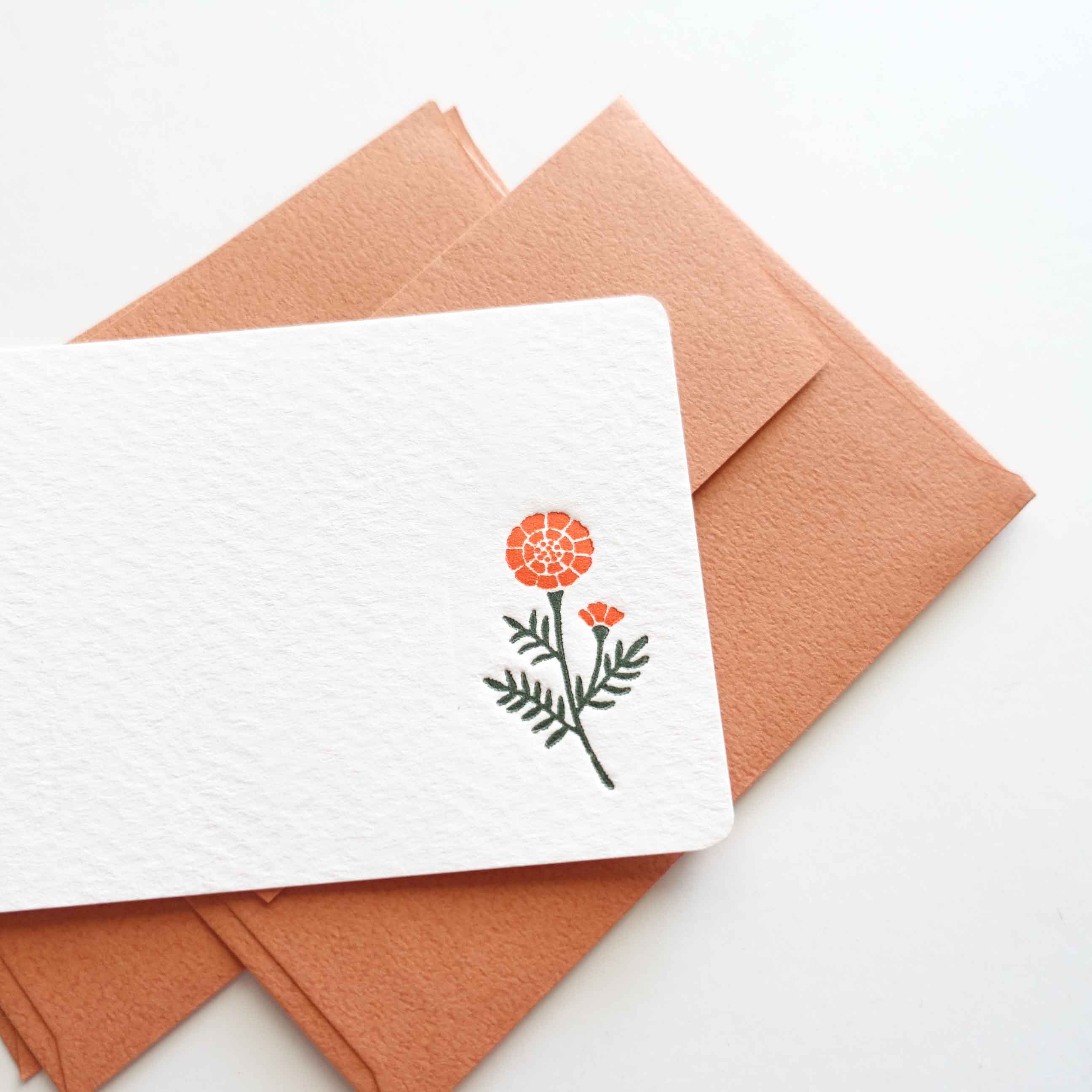 marigold flower letterpress mini thank you card small envelopes australia