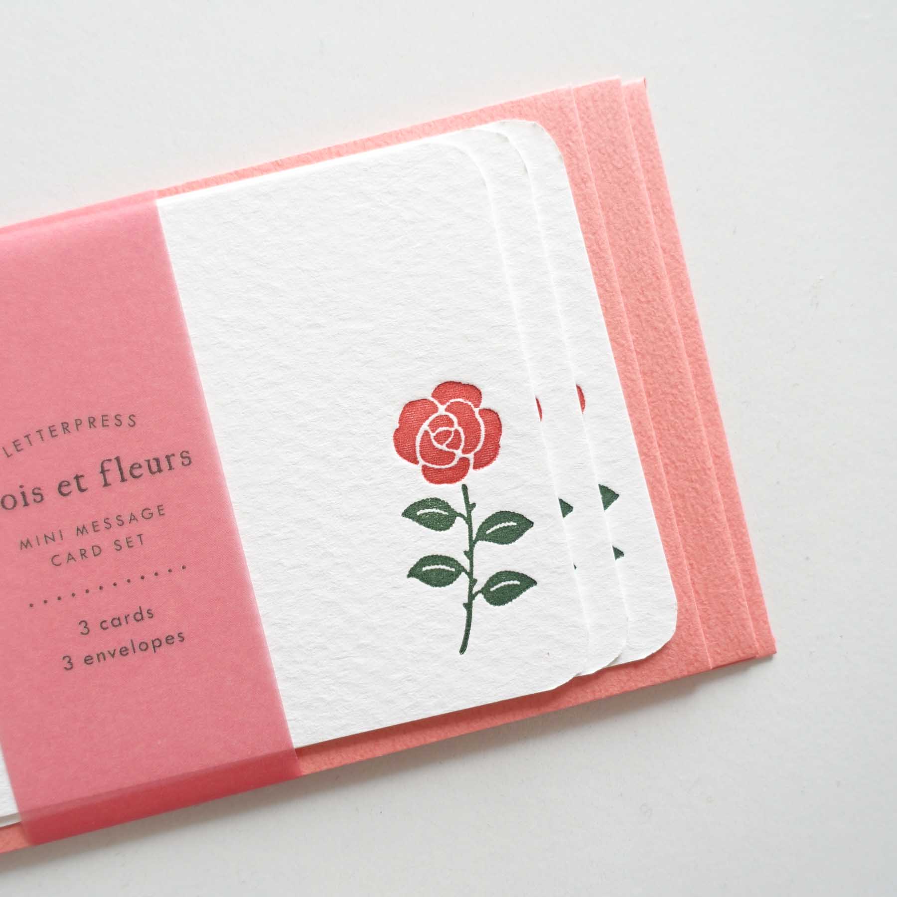 Red rose flower mini card envelope set letterpress australia