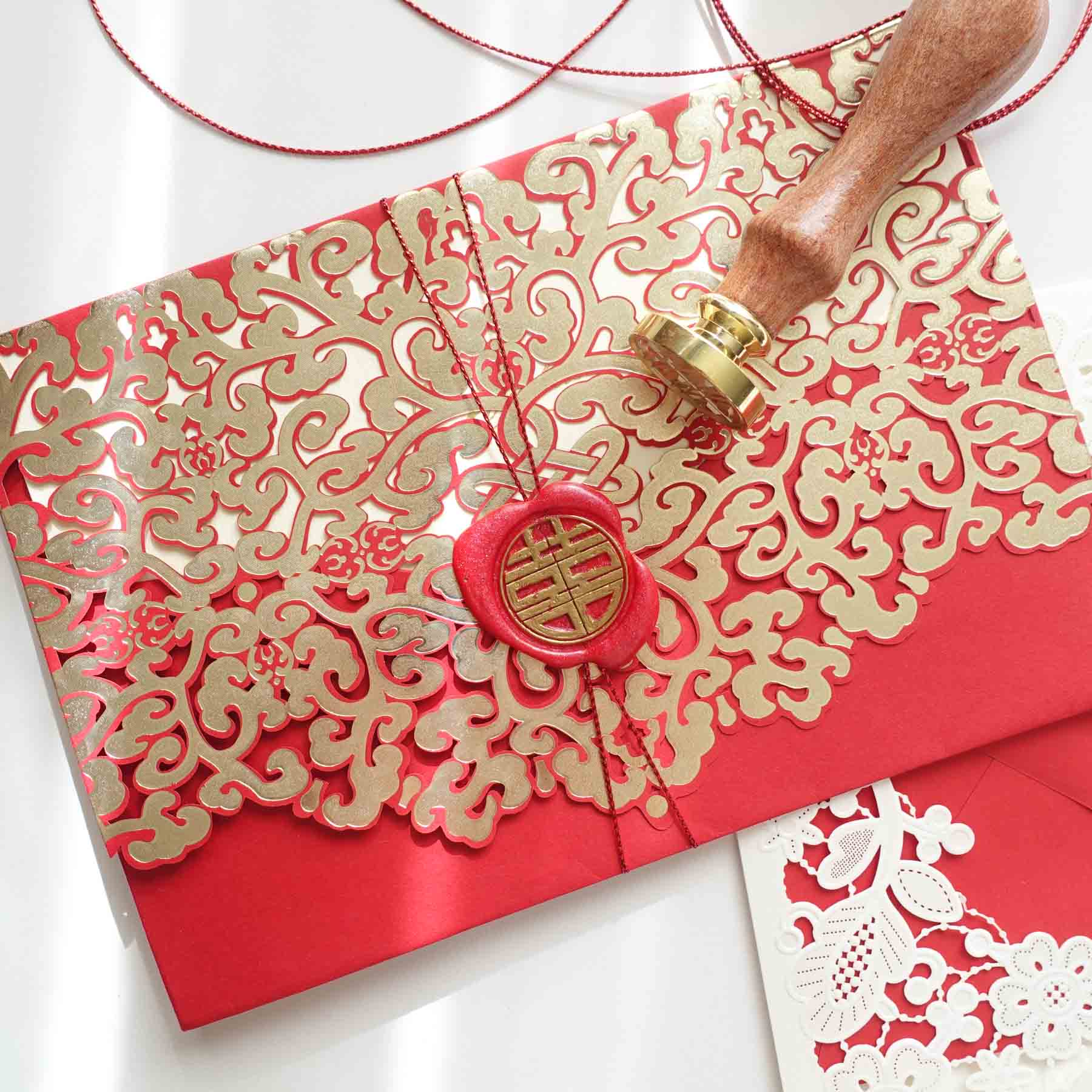 double happiness wax seal on red and gold wedding invitations envelope stamp fiona ariva australia