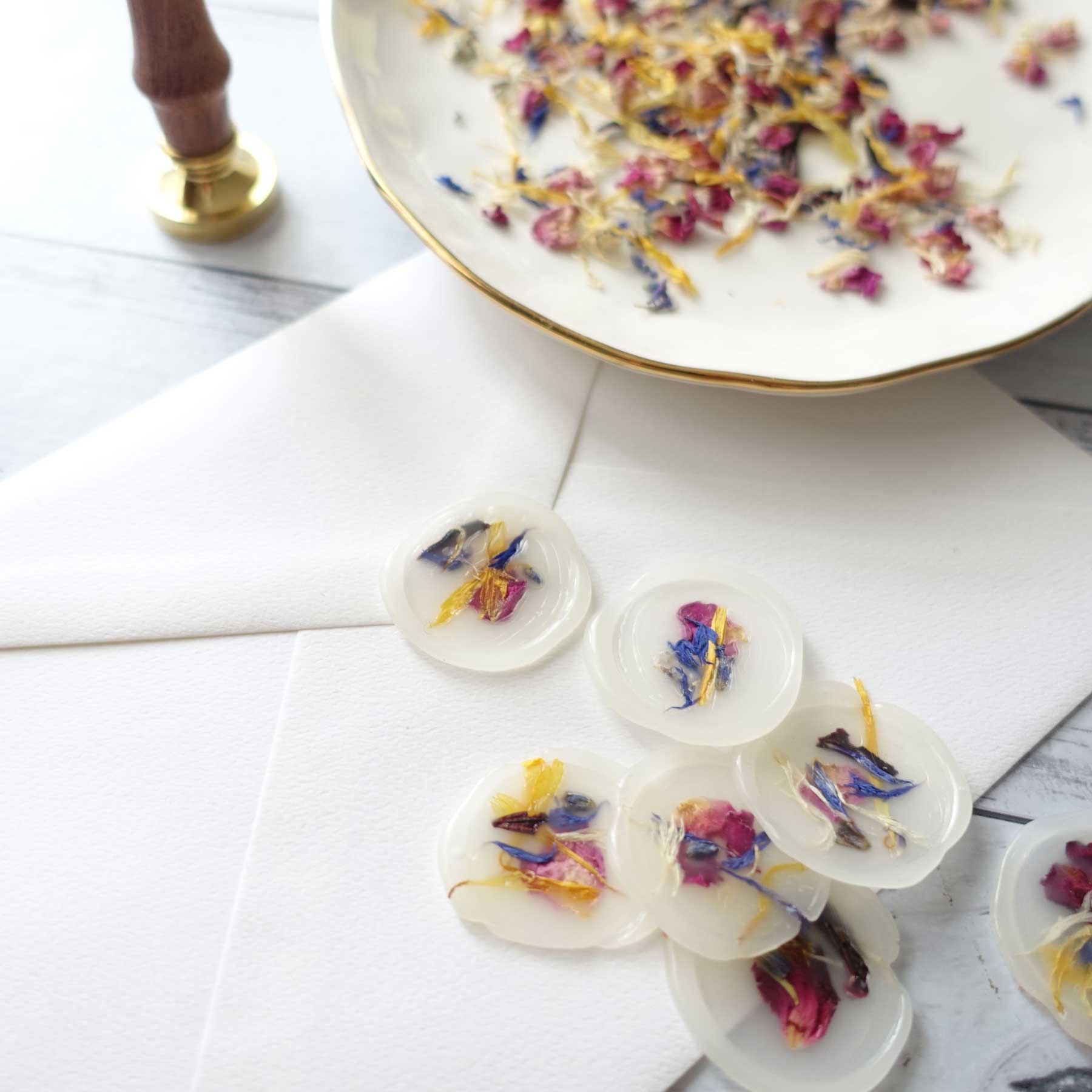 Dried rose lavender calendular flower petals Australia transparent wedding invitations confetti wax seal