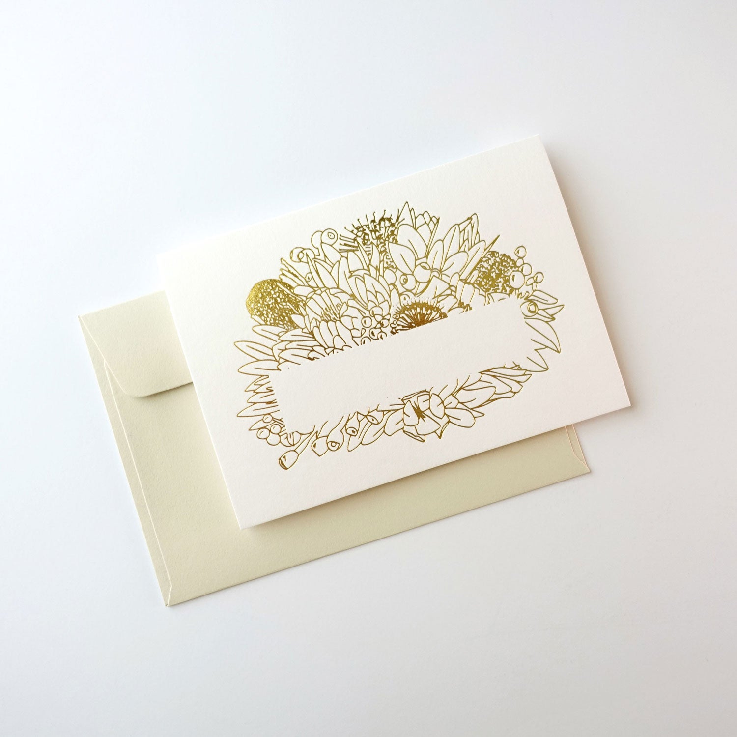 Gold foil stamped greeting card of Australian native florals