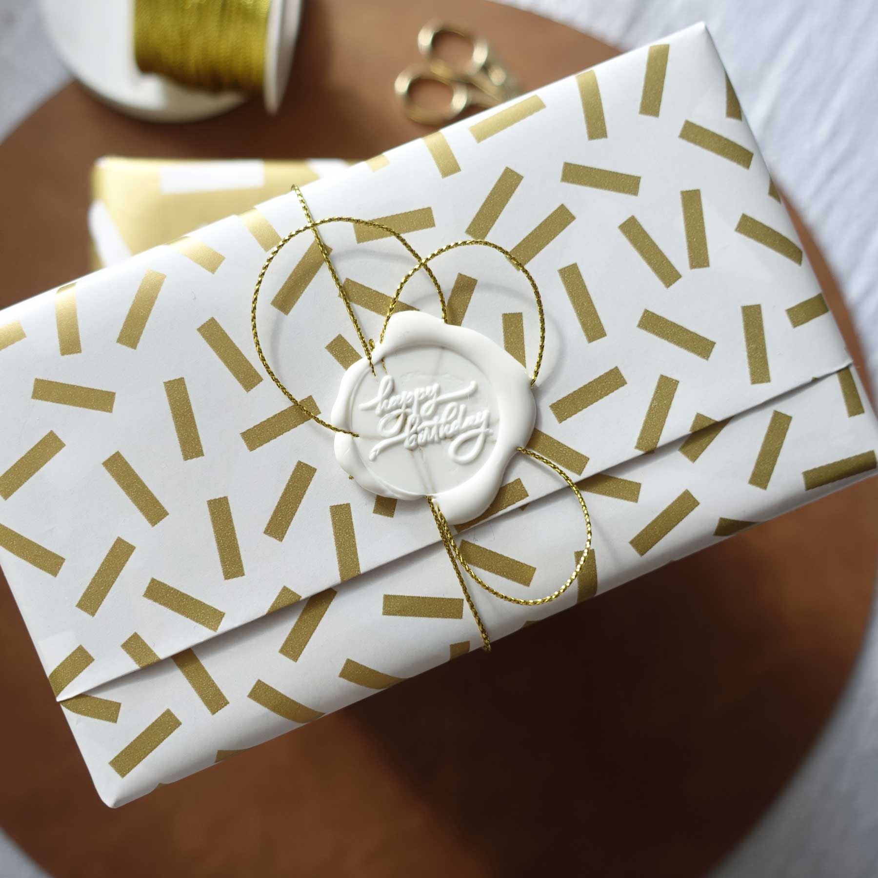 happy birthday white wax seal gift wrapping idea