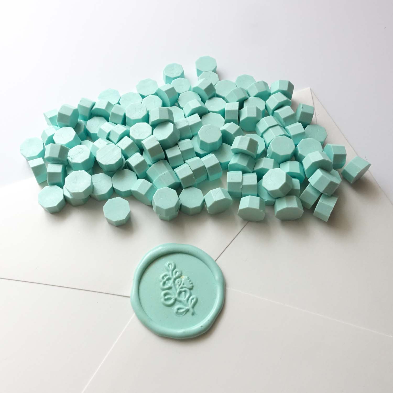 Mint sealing wax beads with eucalyptus wax seal