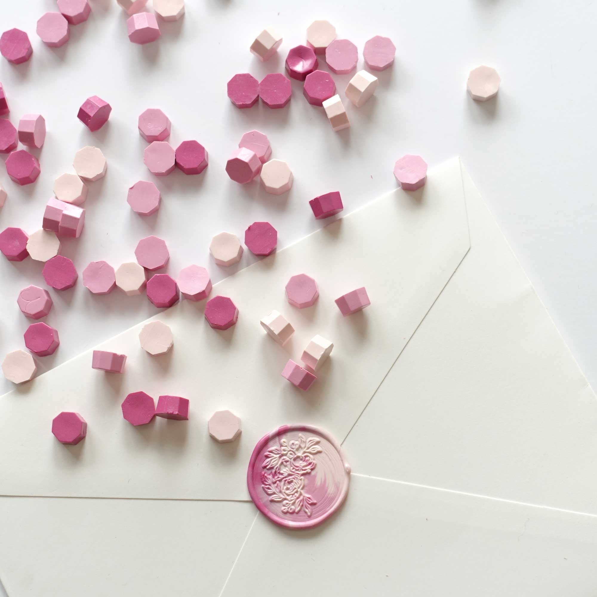 Fiona Ariva mixed pink sealing wax beads granules Melbourne Sydney Australia with floral stamp