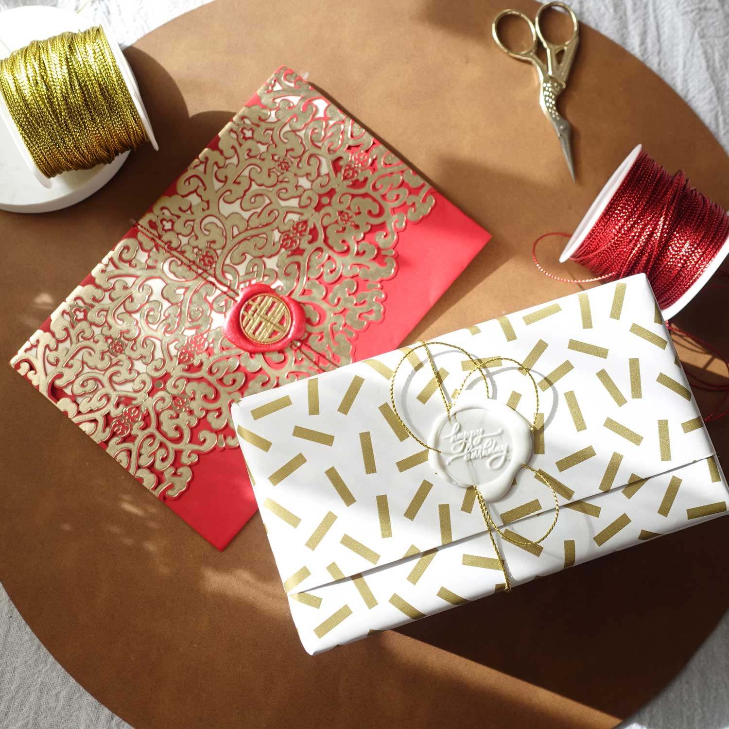 chinese wedding invitation with red metallic cord and happy birthday wax seal with thin gold cord gift wrapping idea