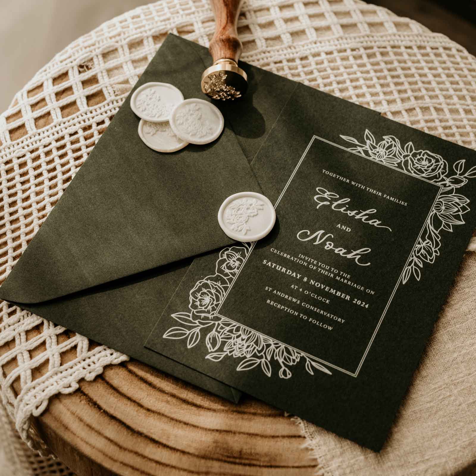 half garland floral wax seal wedding invitations fiona ariva australia