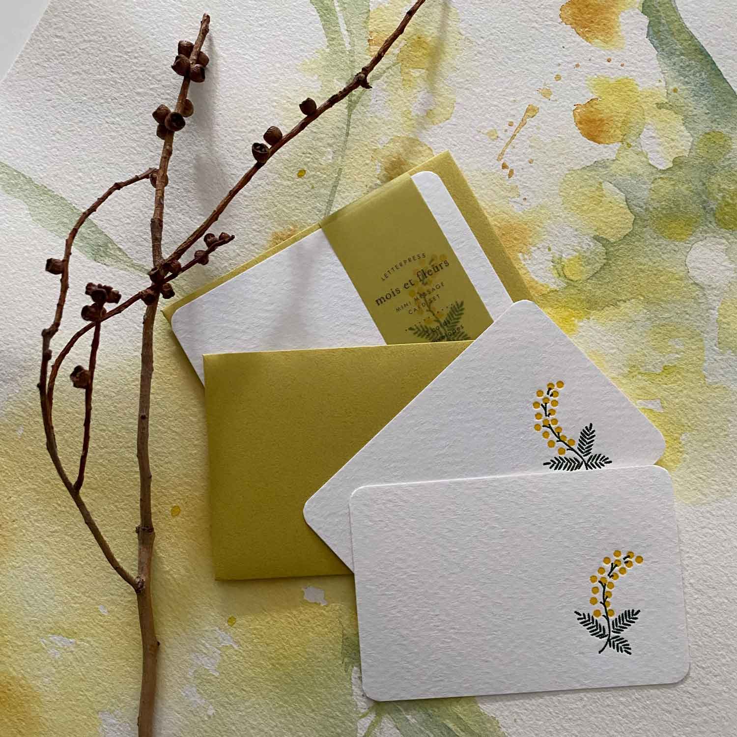 letterpress small mini wattle flower thank you cards envelopes